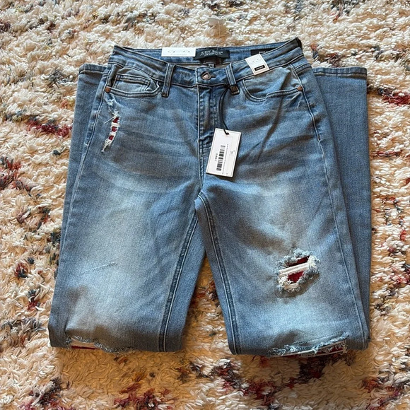 NWT Judy Blue Mid Rise Boot Cut Plaid Accent Jeans - Picture 1 of 4